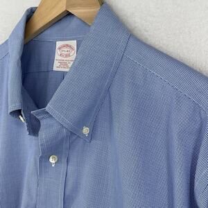 BROOKS BROTHERS Shirt Men 17.5 4/5 Dress Houndstooth Oxford Non Iron Cotton Blue